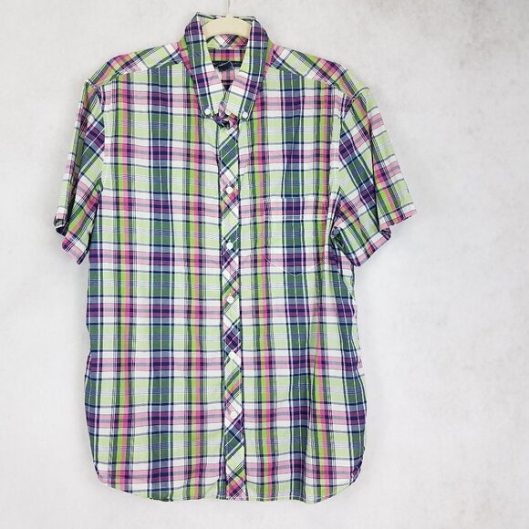 French Connection Men's L Button Down Short Sleeve Plaid Shirt Cotton - Picture 1 of 9